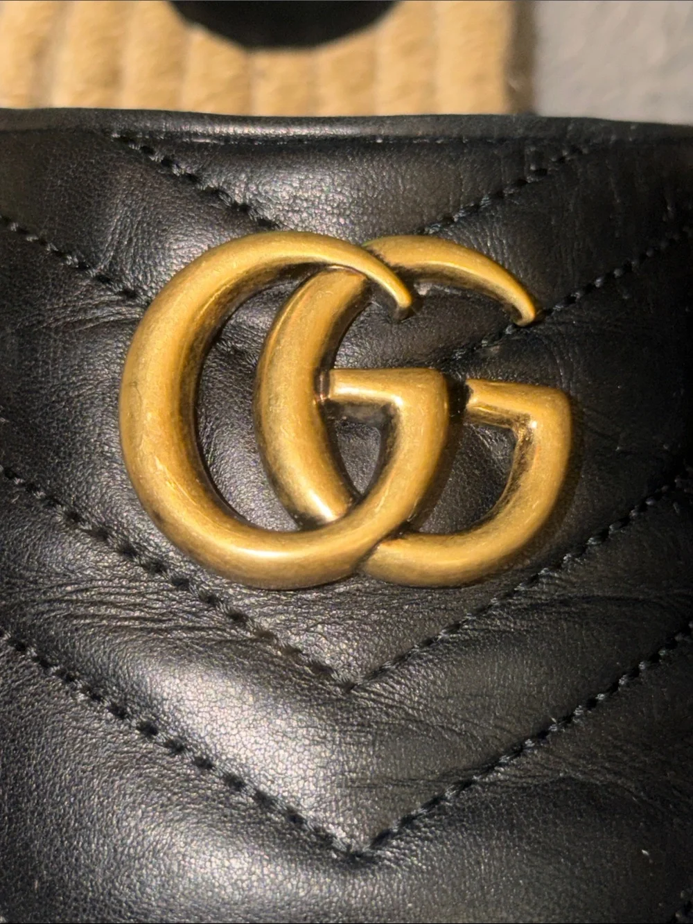 Preloved Gucci Black Quilted Leather Espadrille Mules with Gold GG size38